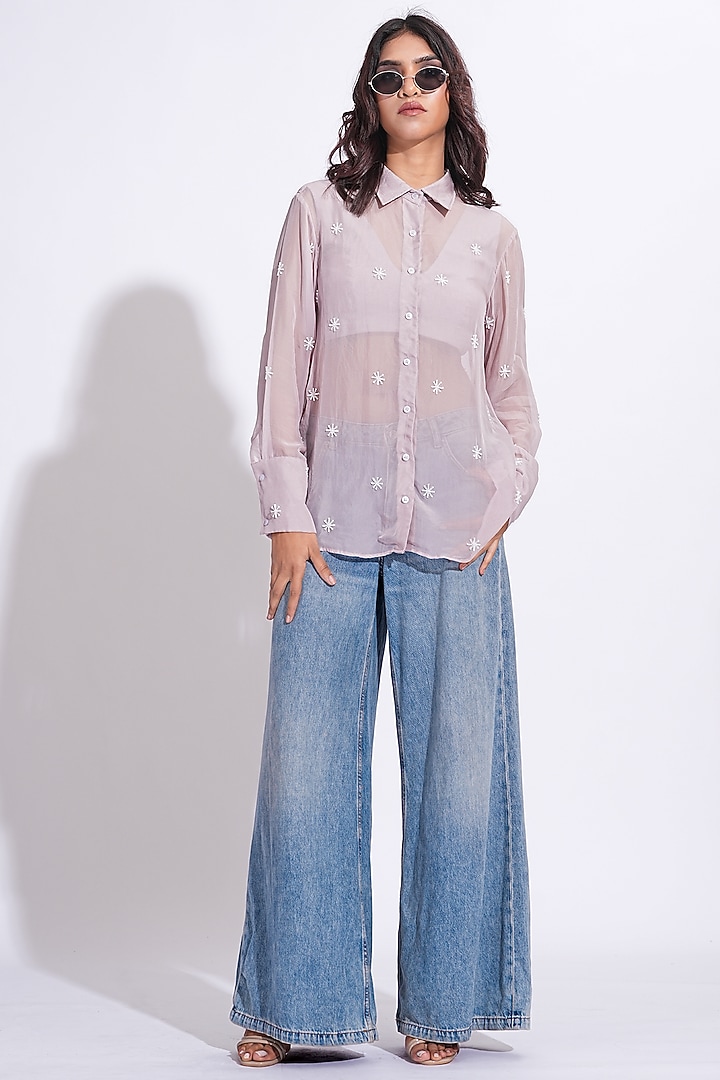 Lilac Soft Organza Hand Embroidered Shirt by Shruti S at Pernia's Pop Up Shop