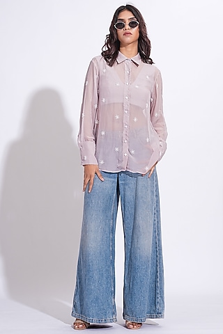 Lilac Soft Organza Hand Embroidered Shirt by Shruti S