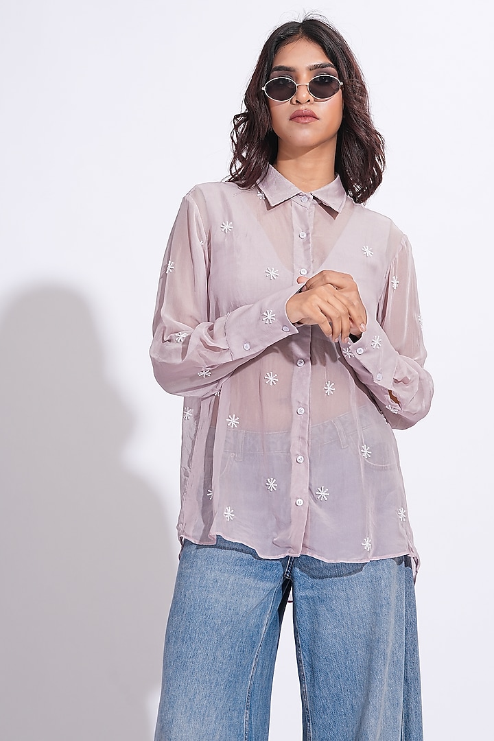 Lilac Soft Organza Hand Embroidered Shirt by Shruti S at Pernia's Pop Up Shop
