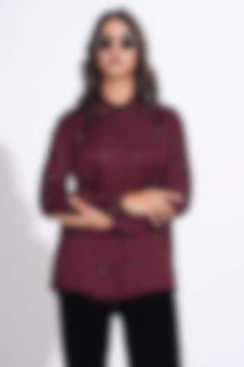 Burgundy Soft Satin Hand Embroidered Shirt by Shruti S at Pernia's Pop Up Shop
