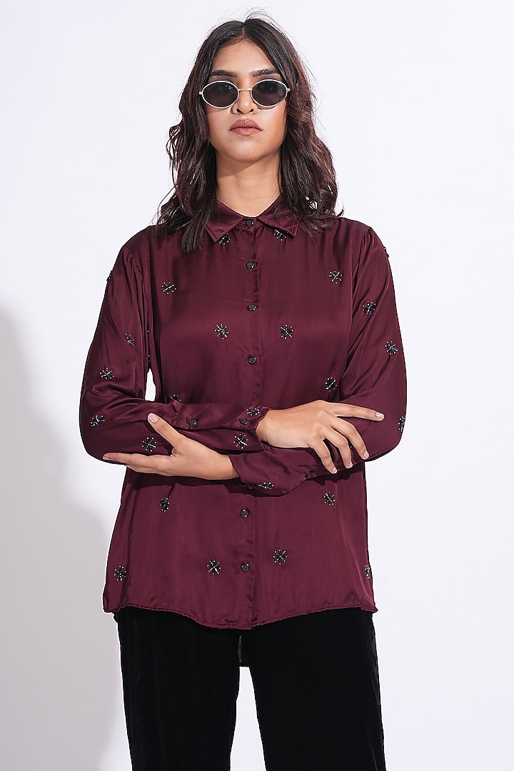 Burgundy Soft Satin Hand Embroidered Shirt by Shruti S at Pernia's Pop Up Shop