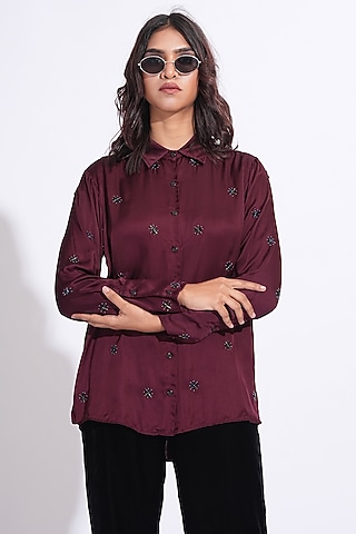 Burgundy Soft Satin Hand Embroidered Shirt by Shruti S