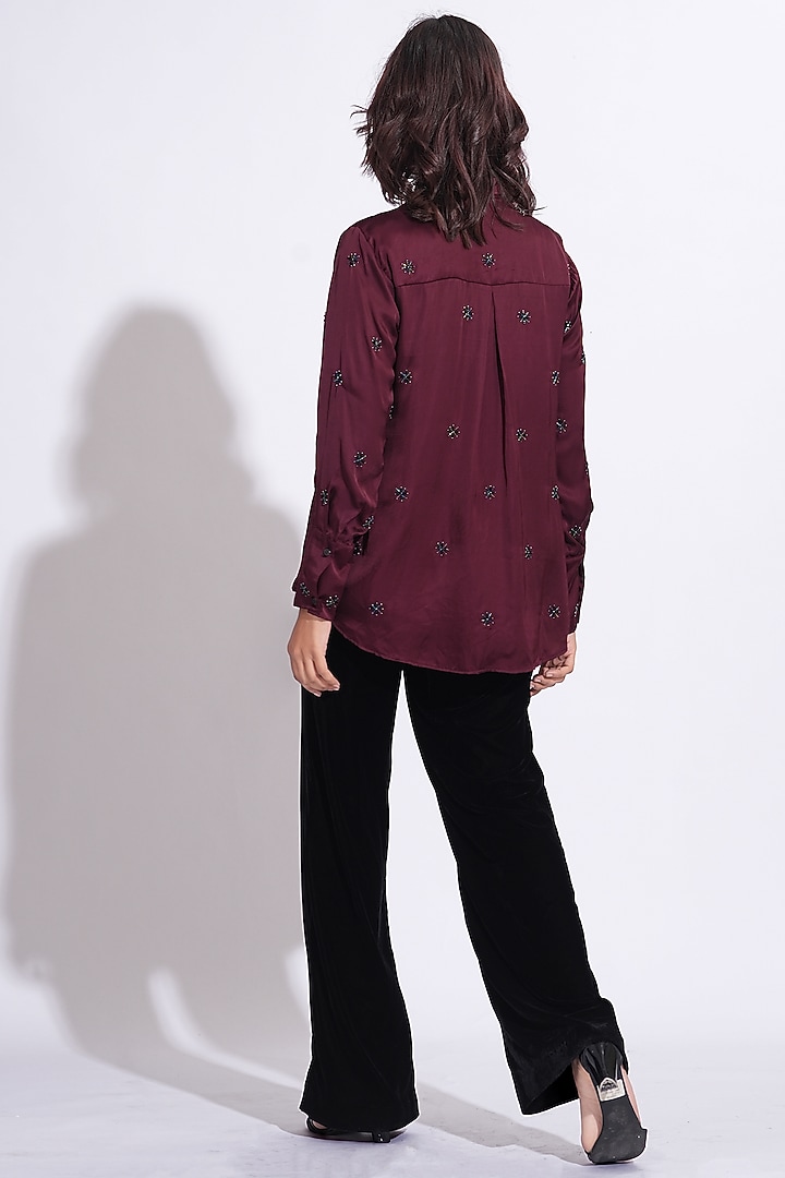 Burgundy Soft Satin Hand Embroidered Shirt by Shruti S at Pernia's Pop Up Shop