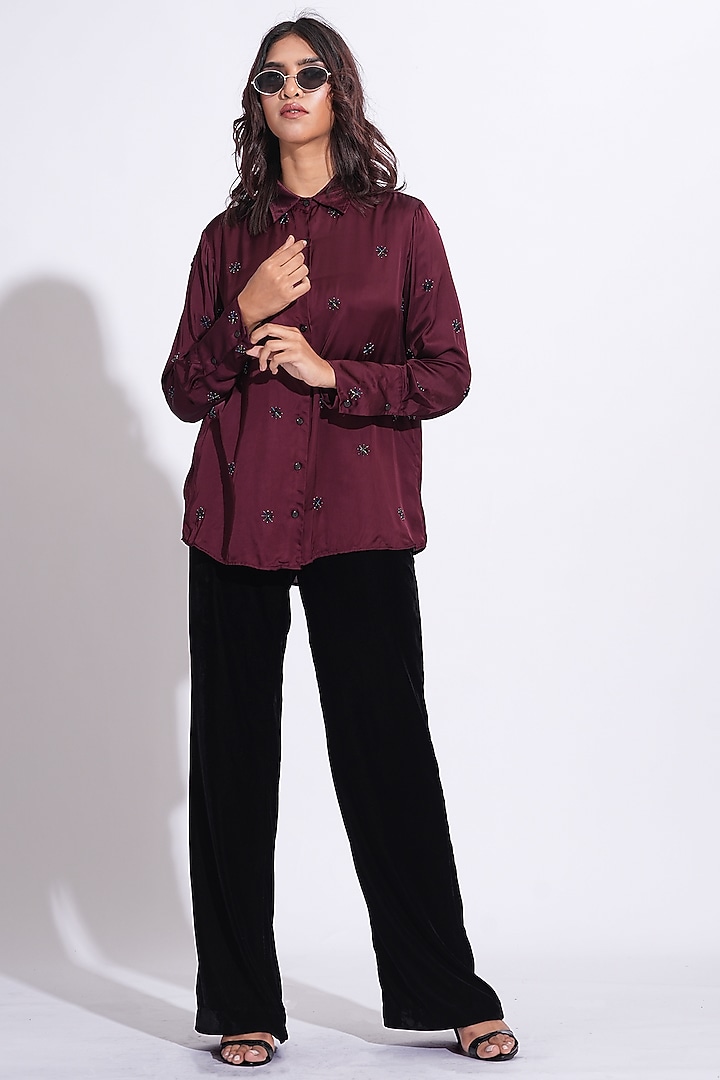 Burgundy Soft Satin Hand Embroidered Shirt by Shruti S at Pernia's Pop Up Shop