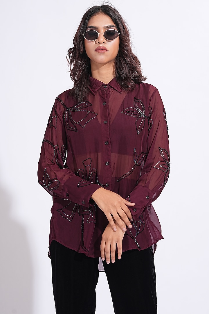 Burgundy Soft Organza Hand Embroidered Shirt by Shruti S at Pernia's Pop Up Shop