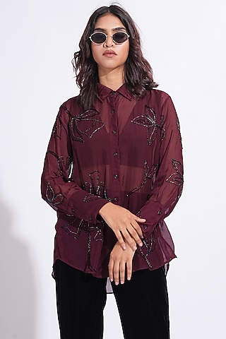 Burgundy Soft Organza Hand Embroidered Shirt by Shruti S