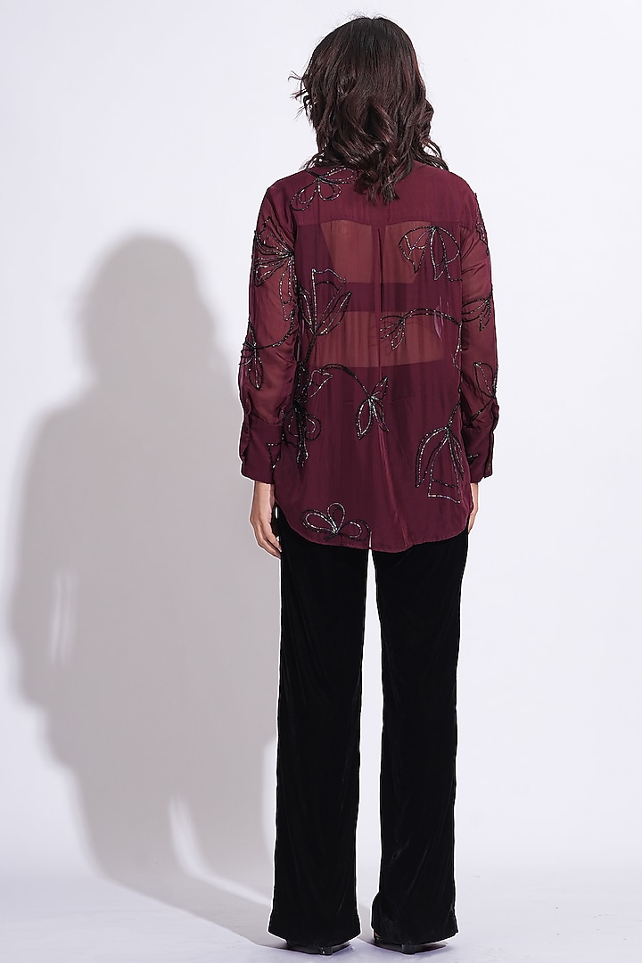 Burgundy Soft Organza Hand Embroidered Shirt by Shruti S at Pernia's Pop Up Shop