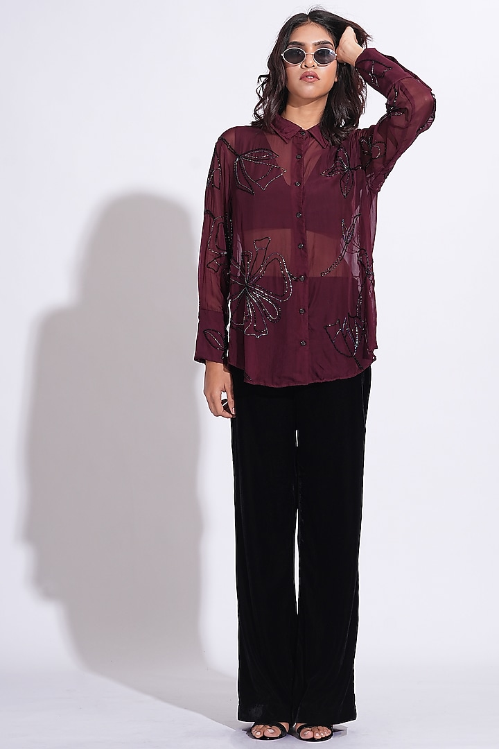 Burgundy Soft Organza Hand Embroidered Shirt by Shruti S at Pernia's Pop Up Shop