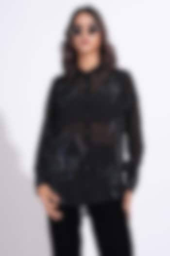 Black Soft Organza Hand Embroidered Shirt by Shruti S at Pernia's Pop Up Shop