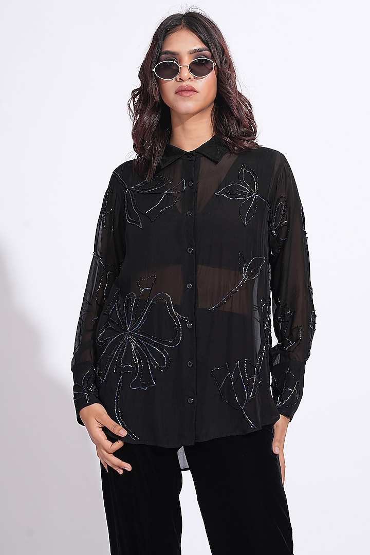 Black Soft Organza Hand Embroidered Shirt by Shruti S at Pernia's Pop Up Shop