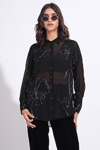 Black Soft Organza Hand Embroidered Shirt by Shruti S