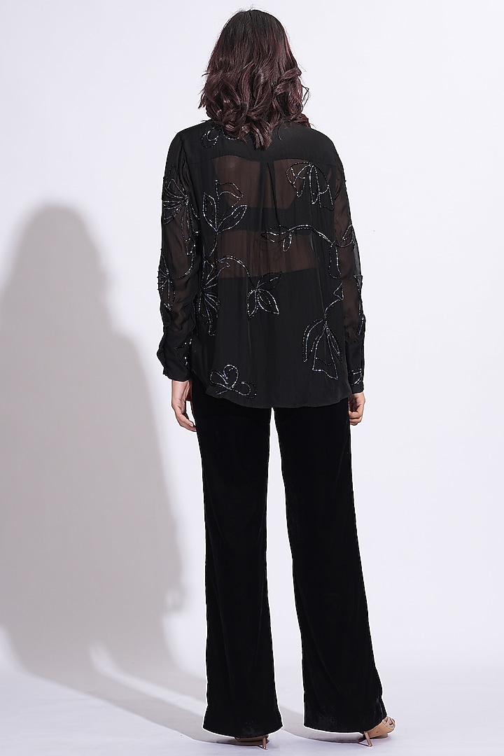 Black Soft Organza Hand Embroidered Shirt by Shruti S at Pernia's Pop Up Shop