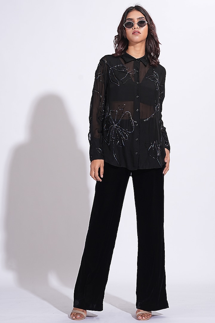 Black Soft Organza Hand Embroidered Shirt by Shruti S at Pernia's Pop Up Shop