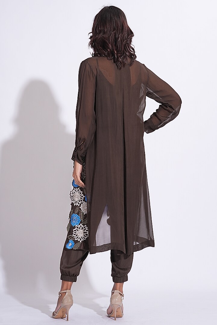 Brown Organza Hand Embroidered Cape Set by Shruti S at Pernia's Pop Up Shop