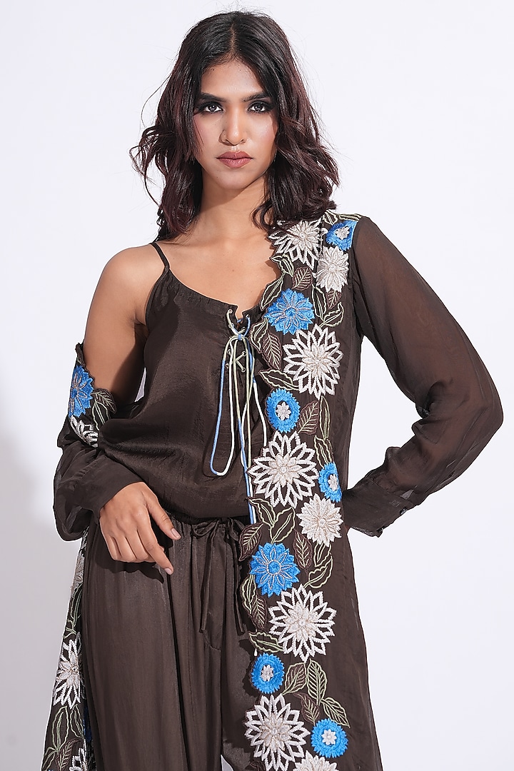 Brown Organza Hand Embroidered Cape Set by Shruti S at Pernia's Pop Up Shop