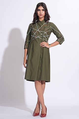 Olive Green Cotton Hand Embroidered Dress by Shruti S