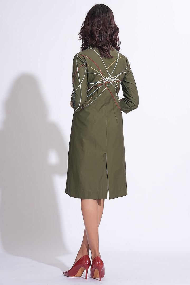 Olive Green Cotton Hand Embroidered Vacation Dress by Shruti S at Pernia's Pop Up Shop