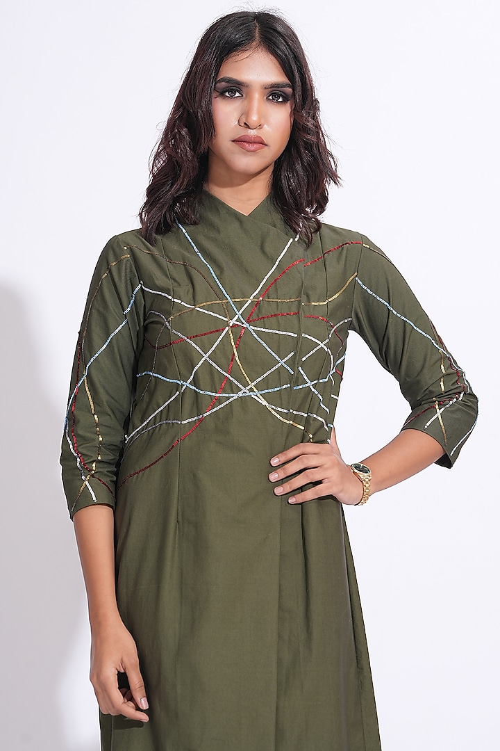 Olive Green Cotton Hand Embroidered Vacation Dress by Shruti S at Pernia's Pop Up Shop