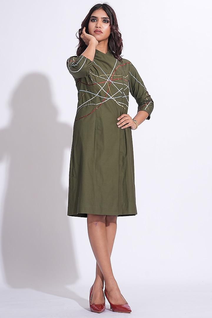 Olive Green Cotton Hand Embroidered Vacation Dress by Shruti S at Pernia's Pop Up Shop