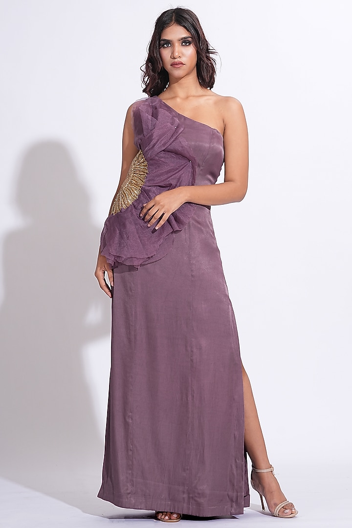 Smoked Purple Satin Embroidered Cocktail Dress by Shruti S at Pernia's Pop Up Shop