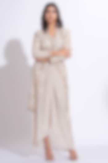 Taupe Silk Embroidered Jacket Set by Shruti S at Pernia's Pop Up Shop