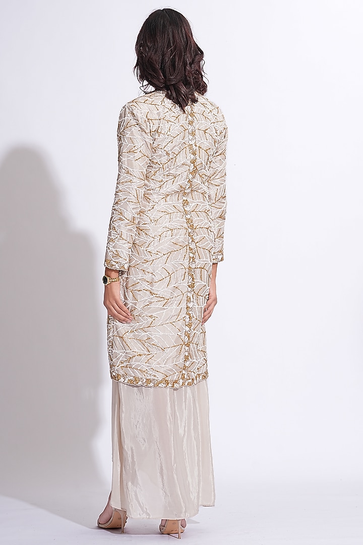 Taupe Silk Embroidered Jacket Set by Shruti S at Pernia's Pop Up Shop