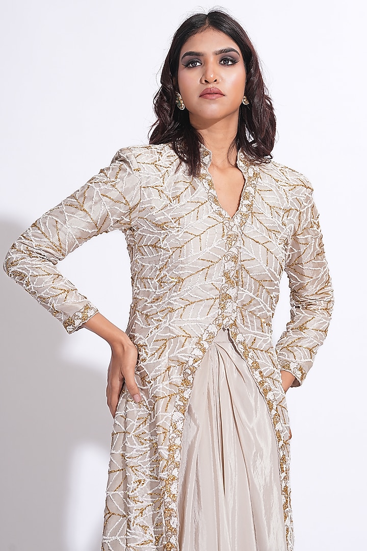 Taupe Silk Embroidered Jacket Set by Shruti S at Pernia's Pop Up Shop