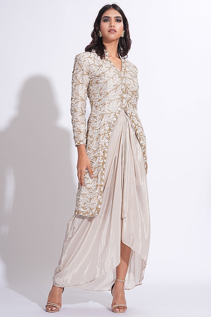 Taupe Silk Embroidered Jacket Set by Shruti S at Pernia's Pop Up Shop