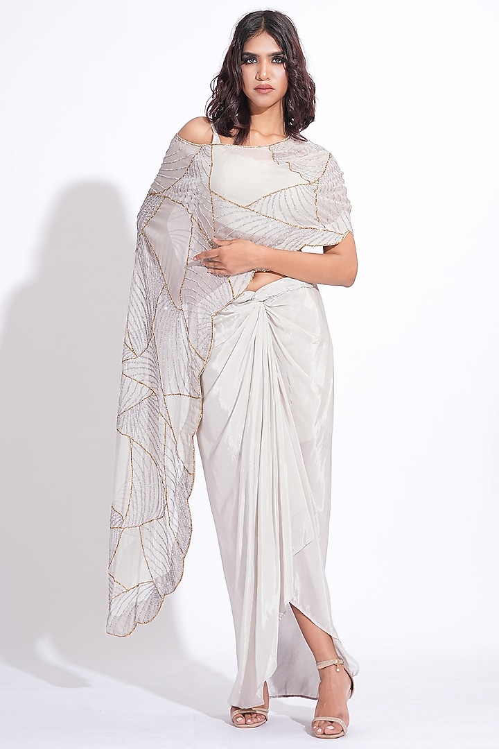Taupe Soft Organza Embroidered Cape Set by Shruti S at Pernia's Pop Up Shop