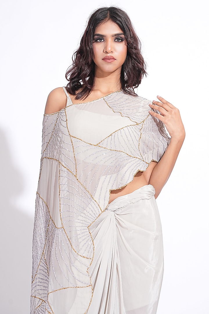 Taupe Soft Organza Embroidered Cape Set by Shruti S at Pernia's Pop Up Shop