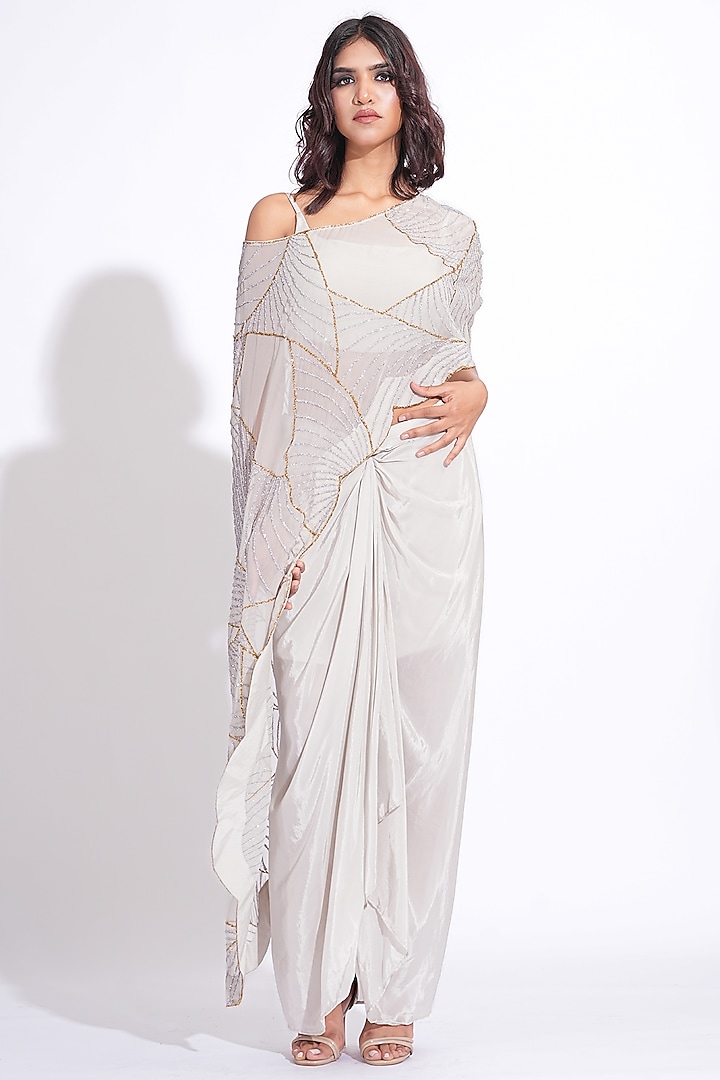 Taupe Soft Organza Embroidered Cape Set by Shruti S at Pernia's Pop Up Shop