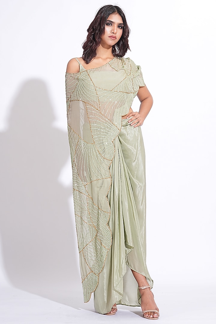 Sage Green Soft Organza Embroidered Cape Set by Shruti S at Pernia's Pop Up Shop