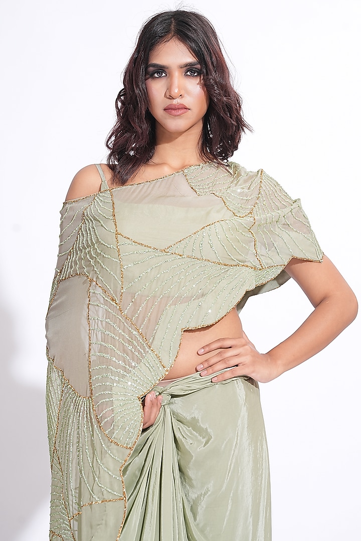 Sage Green Soft Organza Embroidered Cape Set by Shruti S at Pernia's Pop Up Shop