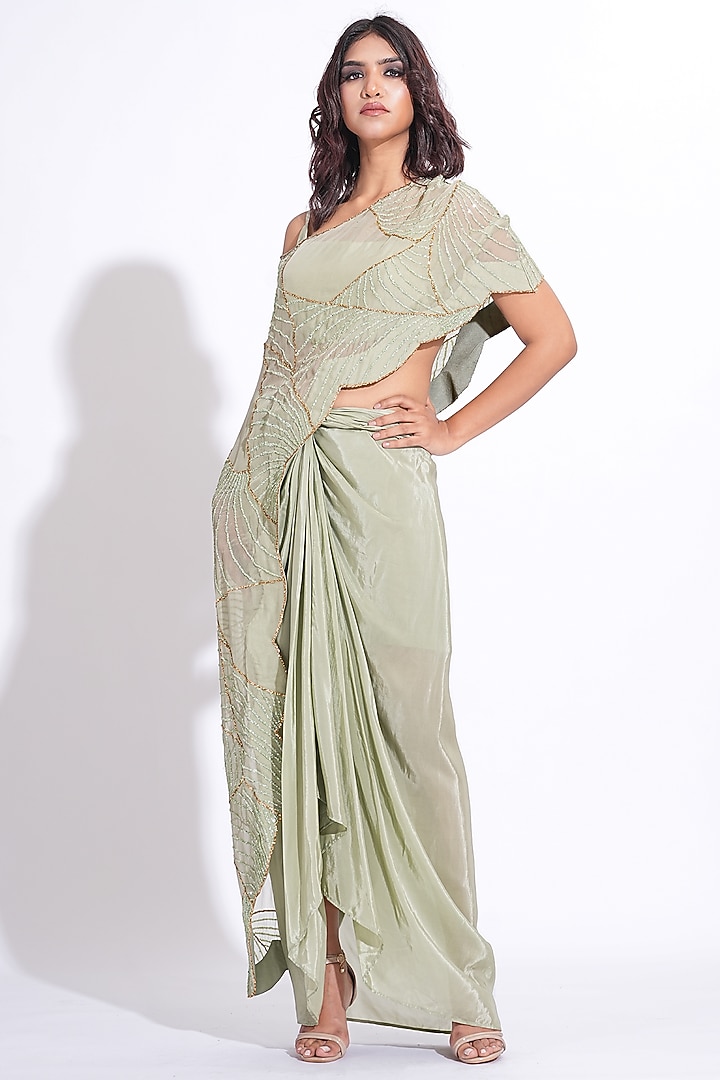 Sage Green Soft Organza Embroidered Cape Set by Shruti S at Pernia's Pop Up Shop