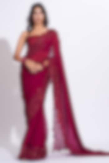 Maroon Organza Embroidered Wedding Saree Set by Shruti S at Pernia's Pop Up Shop