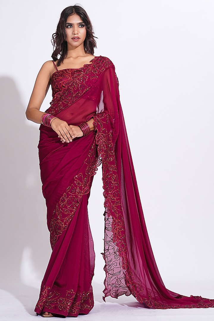 Maroon Organza Embroidered Wedding Saree Set by Shruti S at Pernia's Pop Up Shop