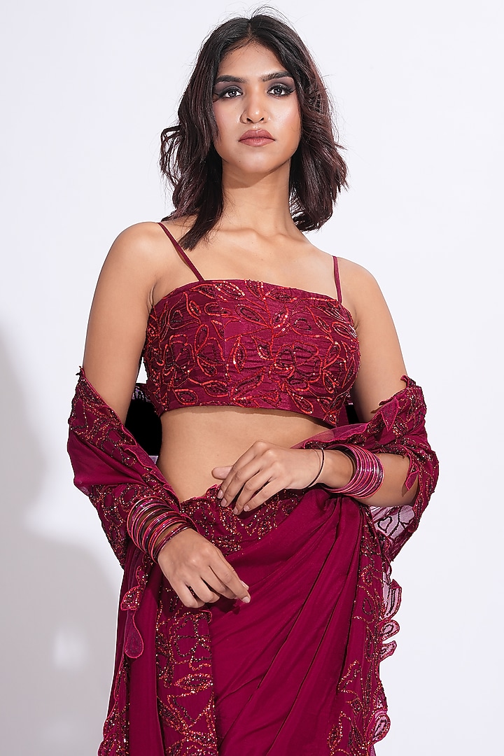 Maroon Organza Embroidered Wedding Saree Set by Shruti S at Pernia's Pop Up Shop