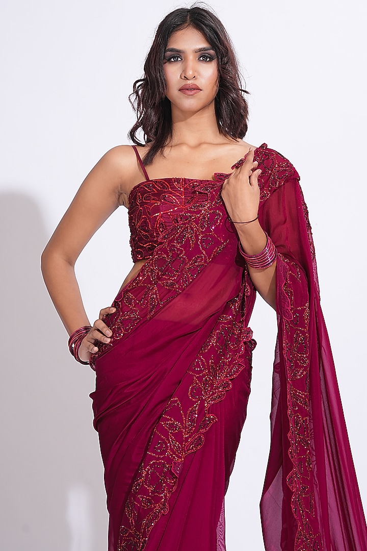 Maroon Organza Embroidered Wedding Saree Set by Shruti S at Pernia's Pop Up Shop