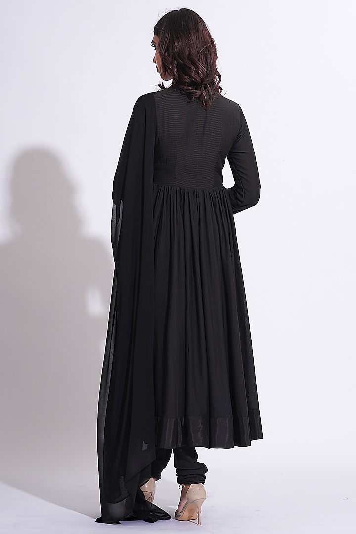 Black Mul Cotton Thread Embroidered Wedding Anarkali Set by Shruti S at Pernia's Pop Up Shop