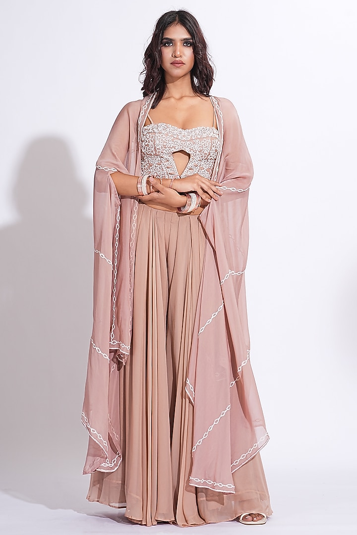 Nude Silk Embroidered Cape Set by Shruti S at Pernia's Pop Up Shop