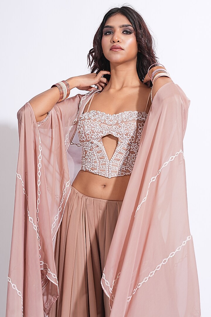 Nude Silk Embroidered Cape Set by Shruti S at Pernia's Pop Up Shop