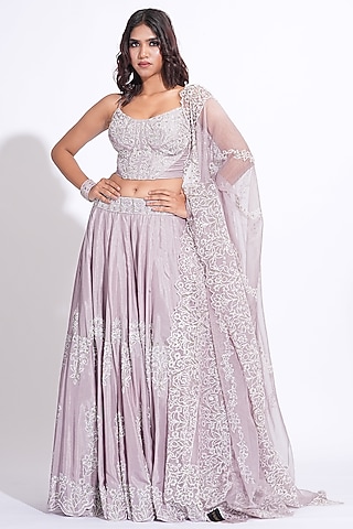 Lilac Silk Embroidered Lehenga Set by Shruti S