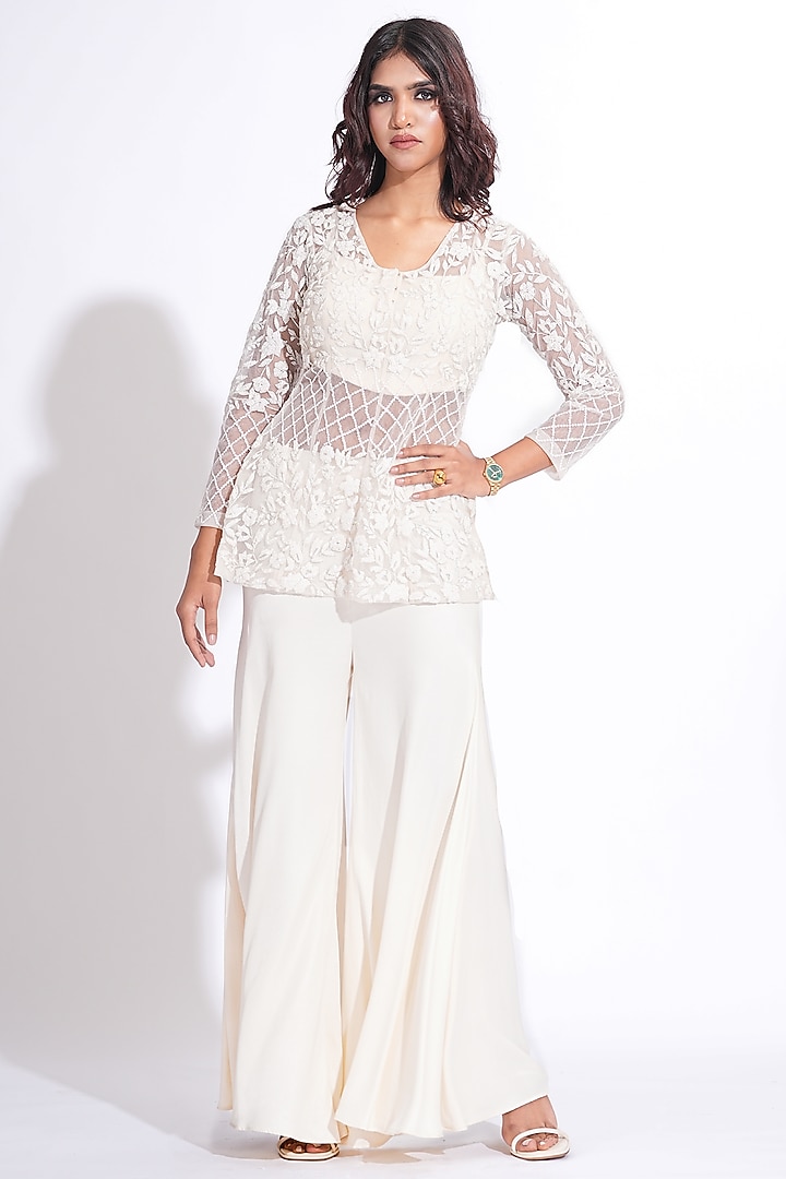 Off-White Silk Satin Wedding Sharara Set by Shruti S at Pernia's Pop Up Shop