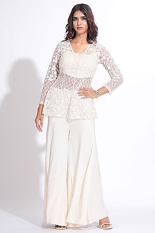 Off-White Silk Satin Sharara Set by Shruti S