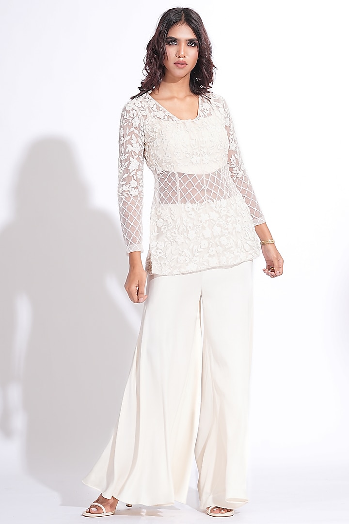 Off-White Silk Satin Wedding Sharara Set by Shruti S at Pernia's Pop Up Shop