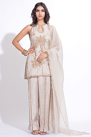 Taupe Silk Embroidered Kurta Set by Shruti S