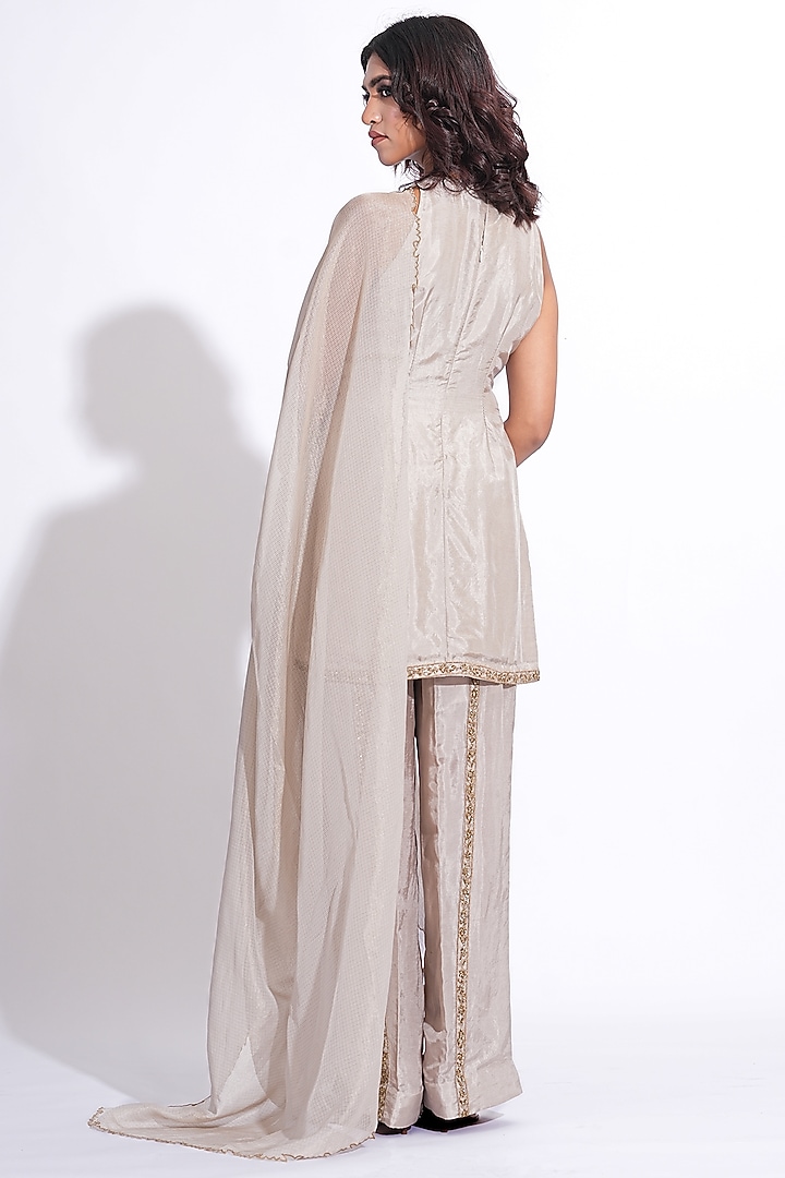 Taupe Silk Embroidered Kurta Set by Shruti S at Pernia's Pop Up Shop