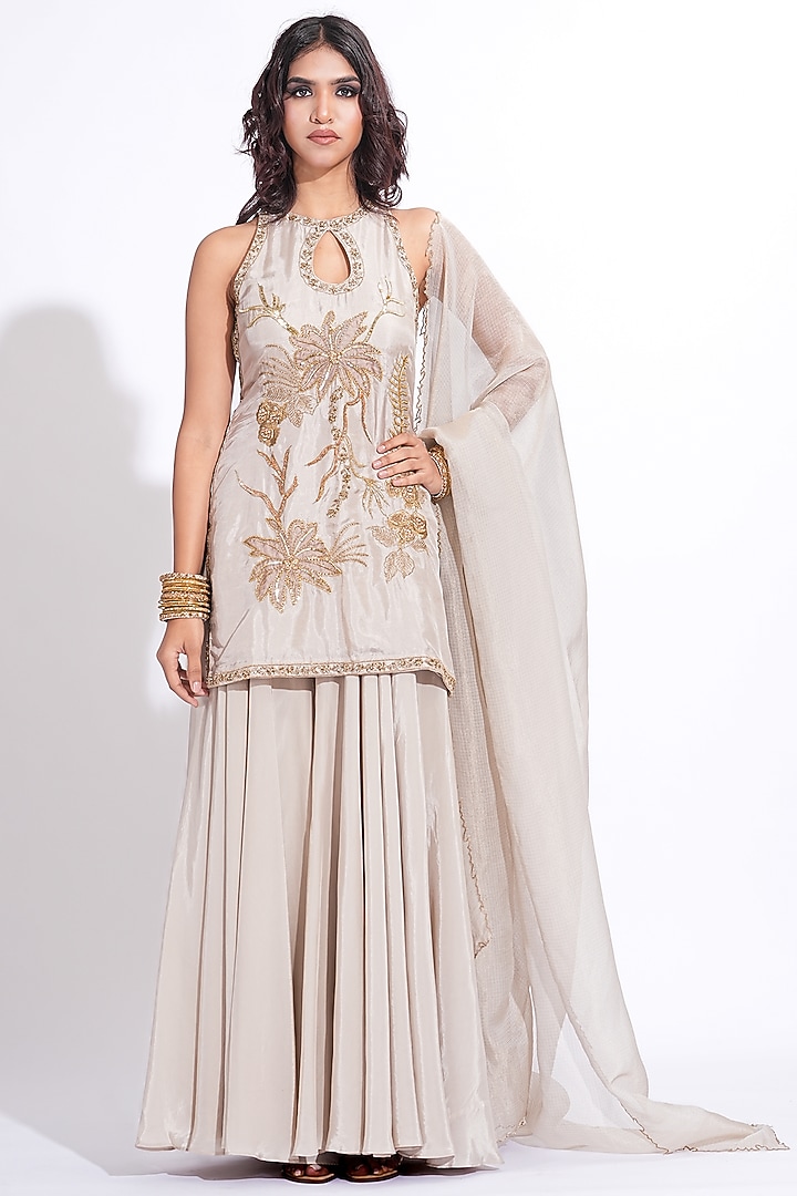 Taupe Silk Embroidered Kurta Set by Shruti S at Pernia's Pop Up Shop