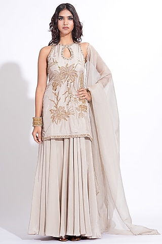 Taupe Silk Embroidered Kurta Set by Shruti S