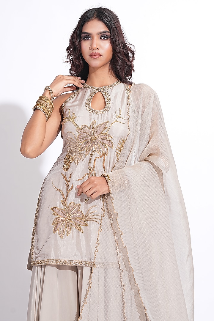 Taupe Silk Embroidered Kurta Set by Shruti S at Pernia's Pop Up Shop